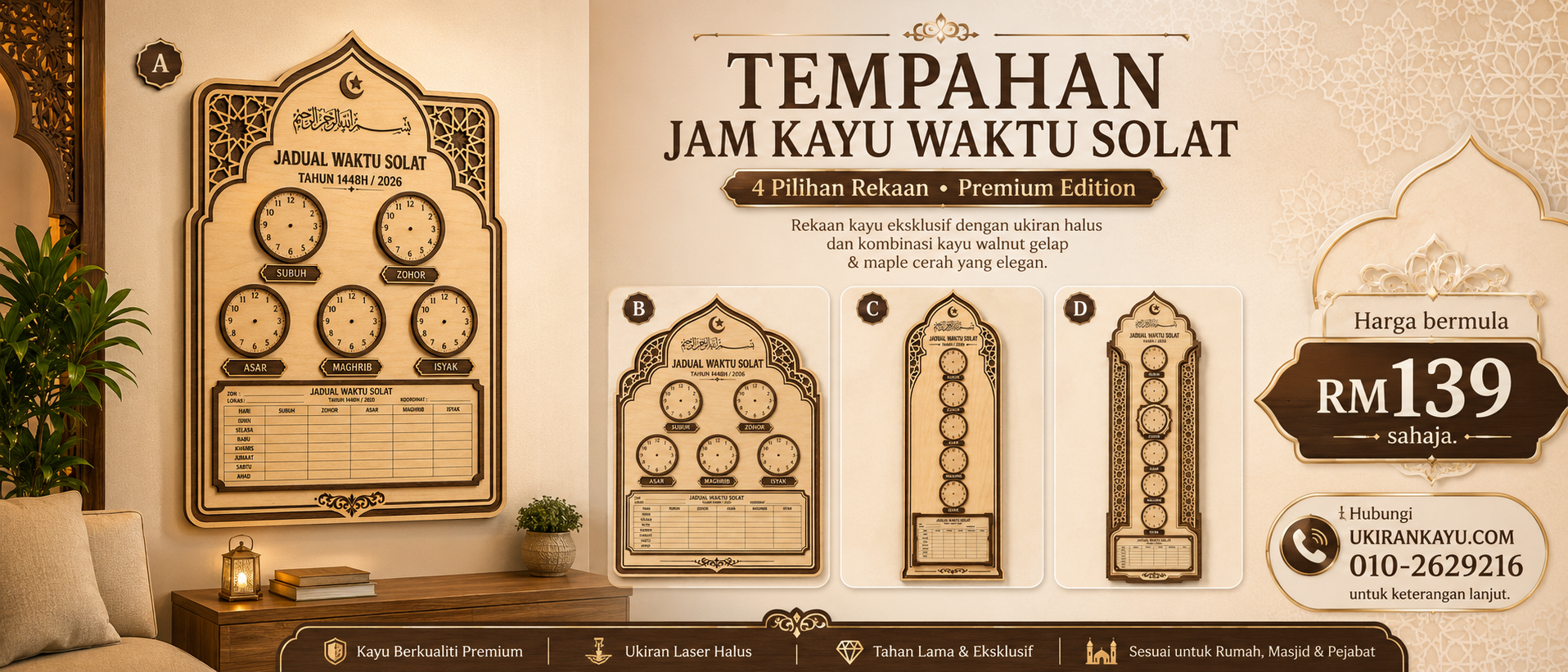 Tempahan Jam Kayu Waktu Solat - Harga bermula RM139